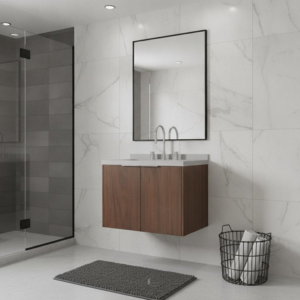 24" Brown Wood Floating Double Door Bathroom Vanity With White Ceramic Sink — view 2