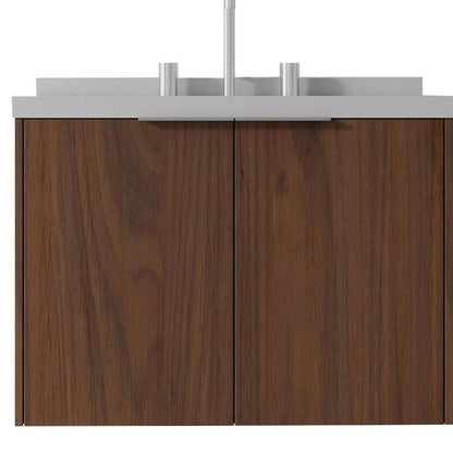 24" Brown Wood Floating Double Door Bathroom Vanity With White Ceramic Sink HomeRoots