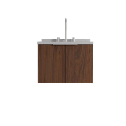 24" Brown Wood Floating Double Door Bathroom Vanity With White Ceramic Sink HomeRoots