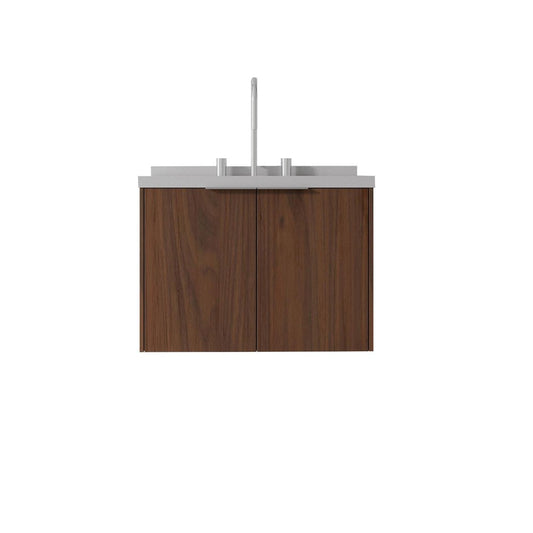 24" Brown Wood Floating Double Door Bathroom Vanity With White Ceramic Sink