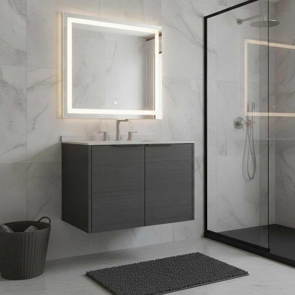 30" Gray Wood Floating Double Door Bathroom Vanity With White Ceramic Sink HomeRoots