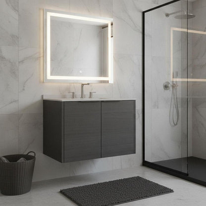 30" Gray Wood Floating Double Door Bathroom Vanity With White Ceramic Sink HomeRoots