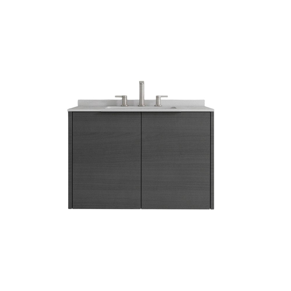 30" Gray Wood Floating Double Door Bathroom Vanity With White Ceramic Sink — view 4