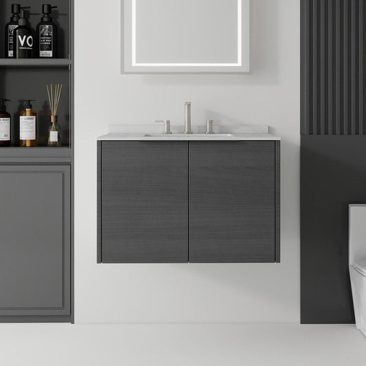 30" Gray Wood Floating Double Door Bathroom Vanity With White Ceramic Sink