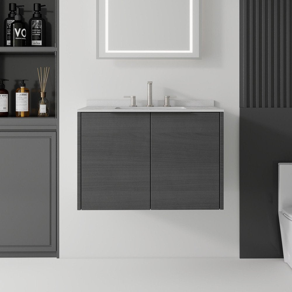 30" Gray Wood Floating Double Door Bathroom Vanity With White Ceramic Sink — view 1