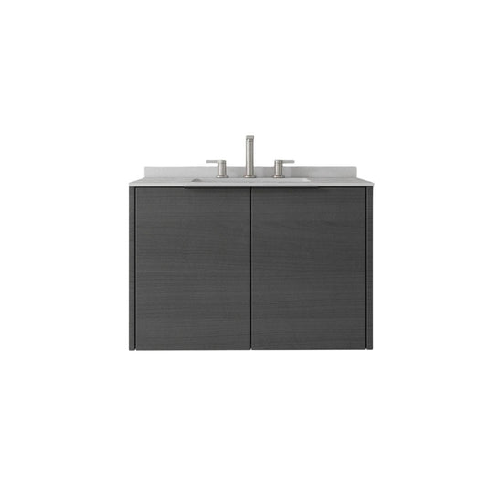 30" Gray Wood Floating Double Door Bathroom Vanity With White Ceramic Sink