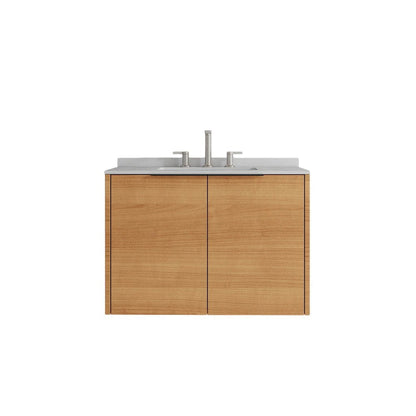 30" Brown Wood Floating Double Door Bathroom Vanity With White Ceramic Sink HomeRoots