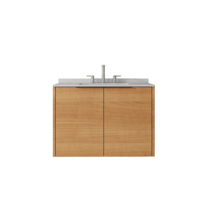 30" Brown Wood Floating Double Door Bathroom Vanity With White Ceramic Sink