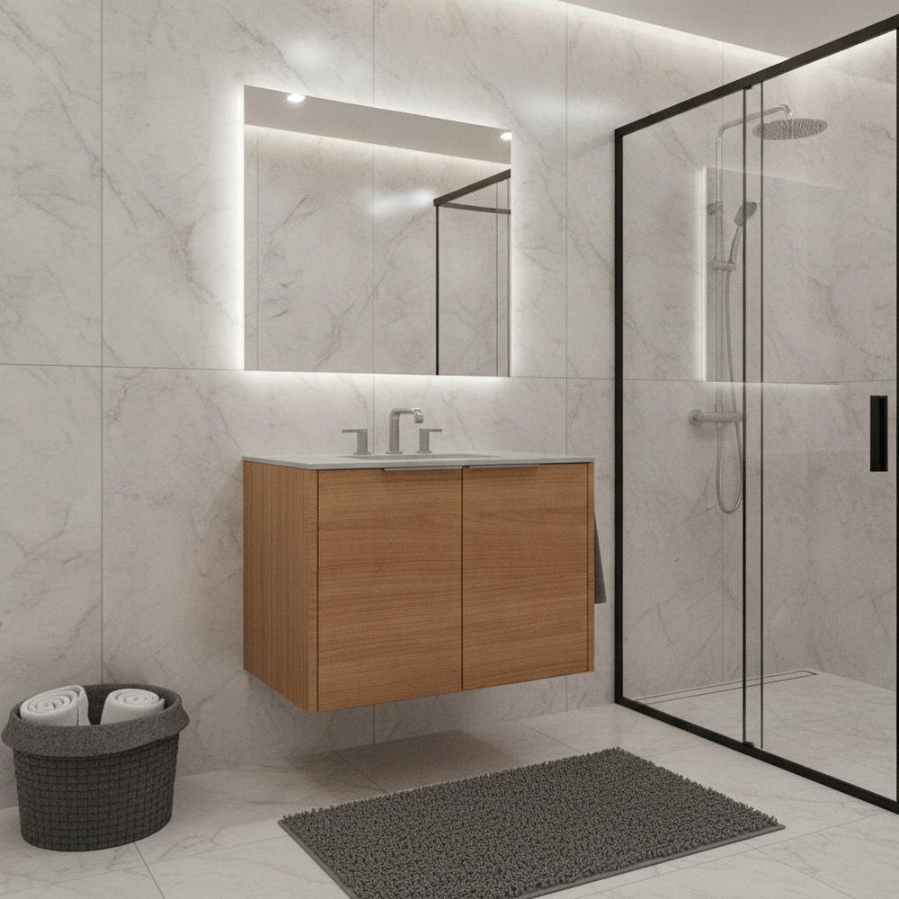 30" Brown Wood Floating Double Door Bathroom Vanity With White Ceramic Sink HomeRoots