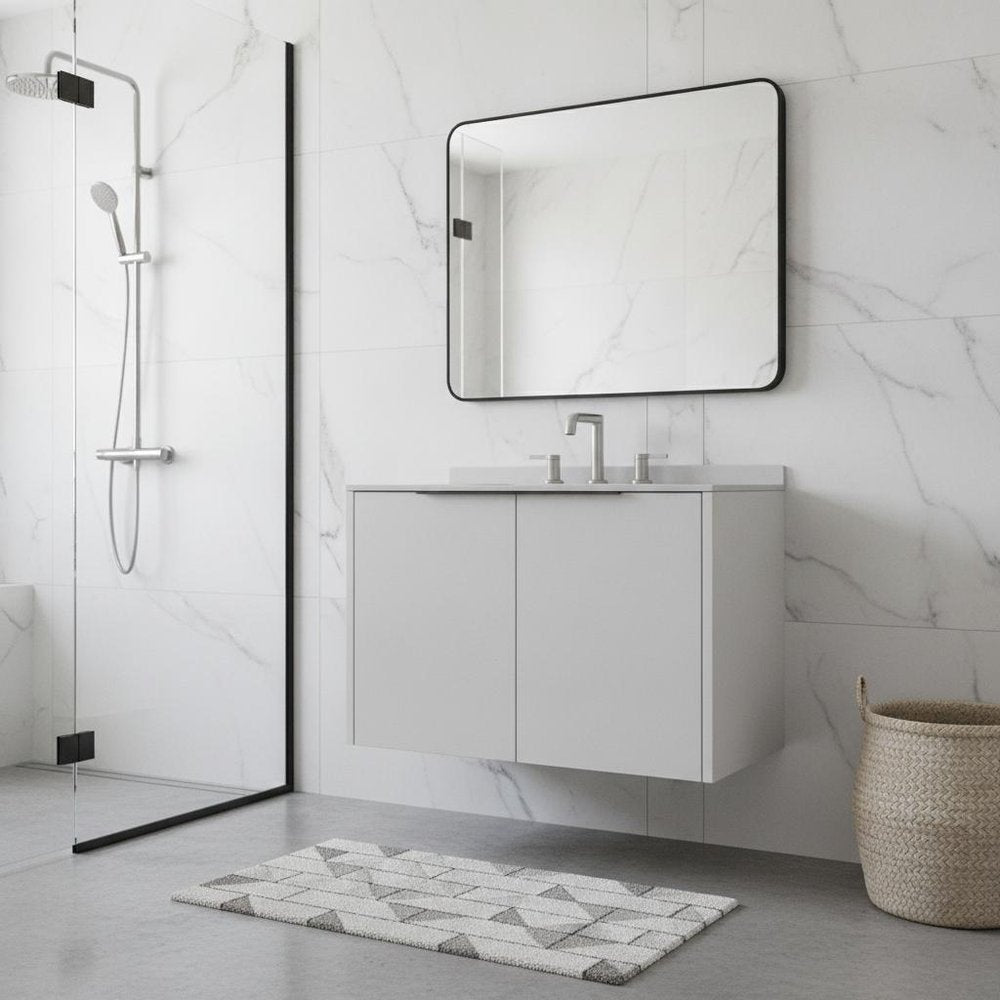 30" White Wood Floating Double Door Bathroom Vanity With Ceramic Sink — view 1