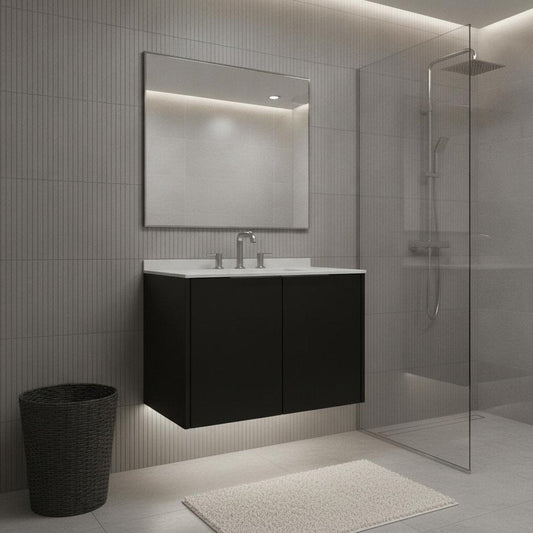 30" Black Wood Floating Double Door Bathroom Vanity With White Ceramic Sink