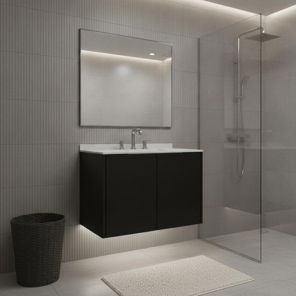 30" Black Wood Floating Double Door Bathroom Vanity With White Ceramic Sink HomeRoots