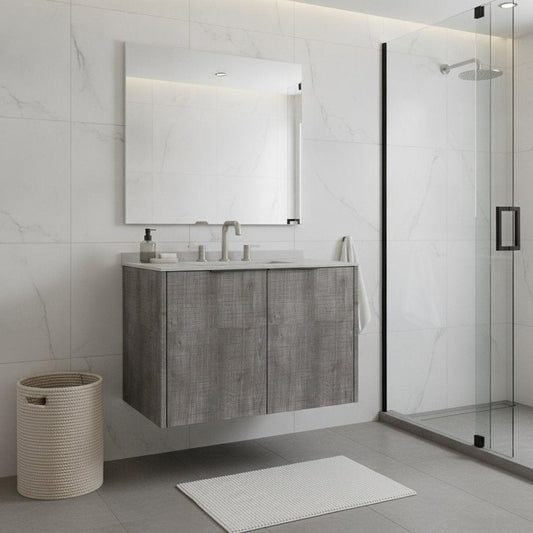 30" Gray Wood Floating Double Door Bathroom Vanity With White Ceramic Sink
