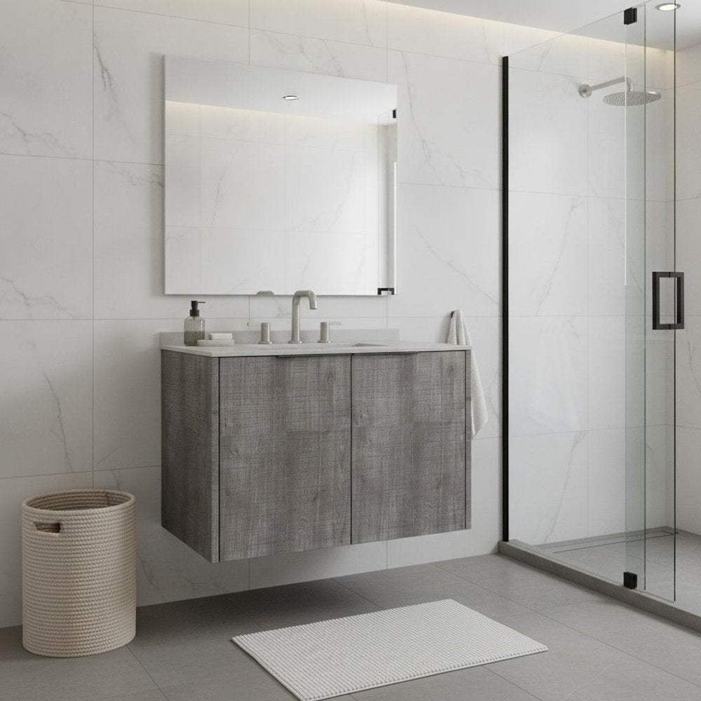 30" Gray Wood Floating Double Door Bathroom Vanity With White Ceramic Sink — view 1
