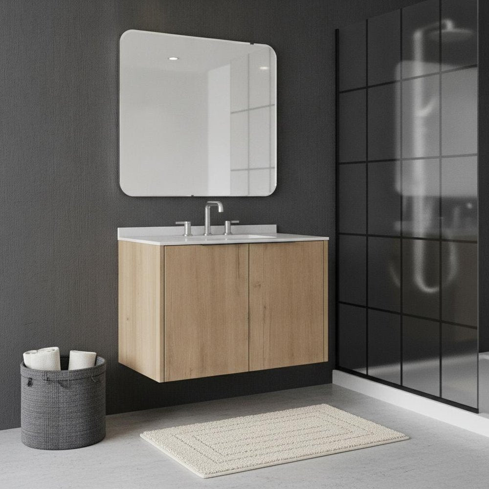 30" Brown Wood Floating Double Door Bathroom Vanity With White Ceramic Sink HomeRoots