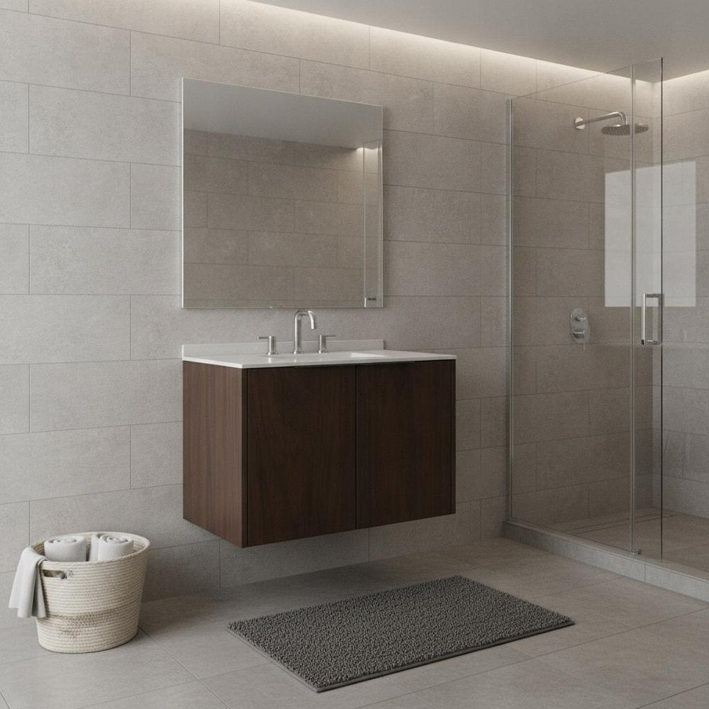 30" Brown Wood Floating Double Door Bathroom Vanity With White Ceramic Sink HomeRoots