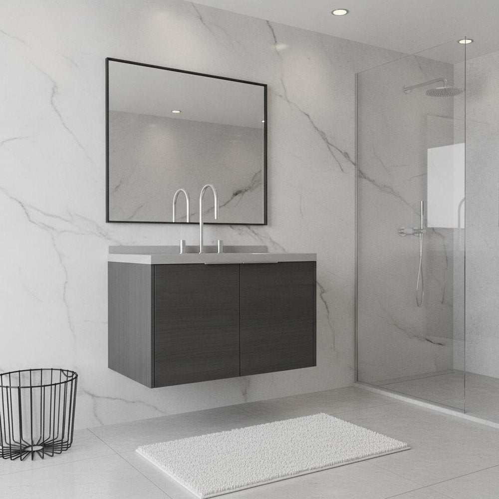 30" Gray Wood Floating Double Door Bathroom Vanity With White Ceramic Sink — view 1