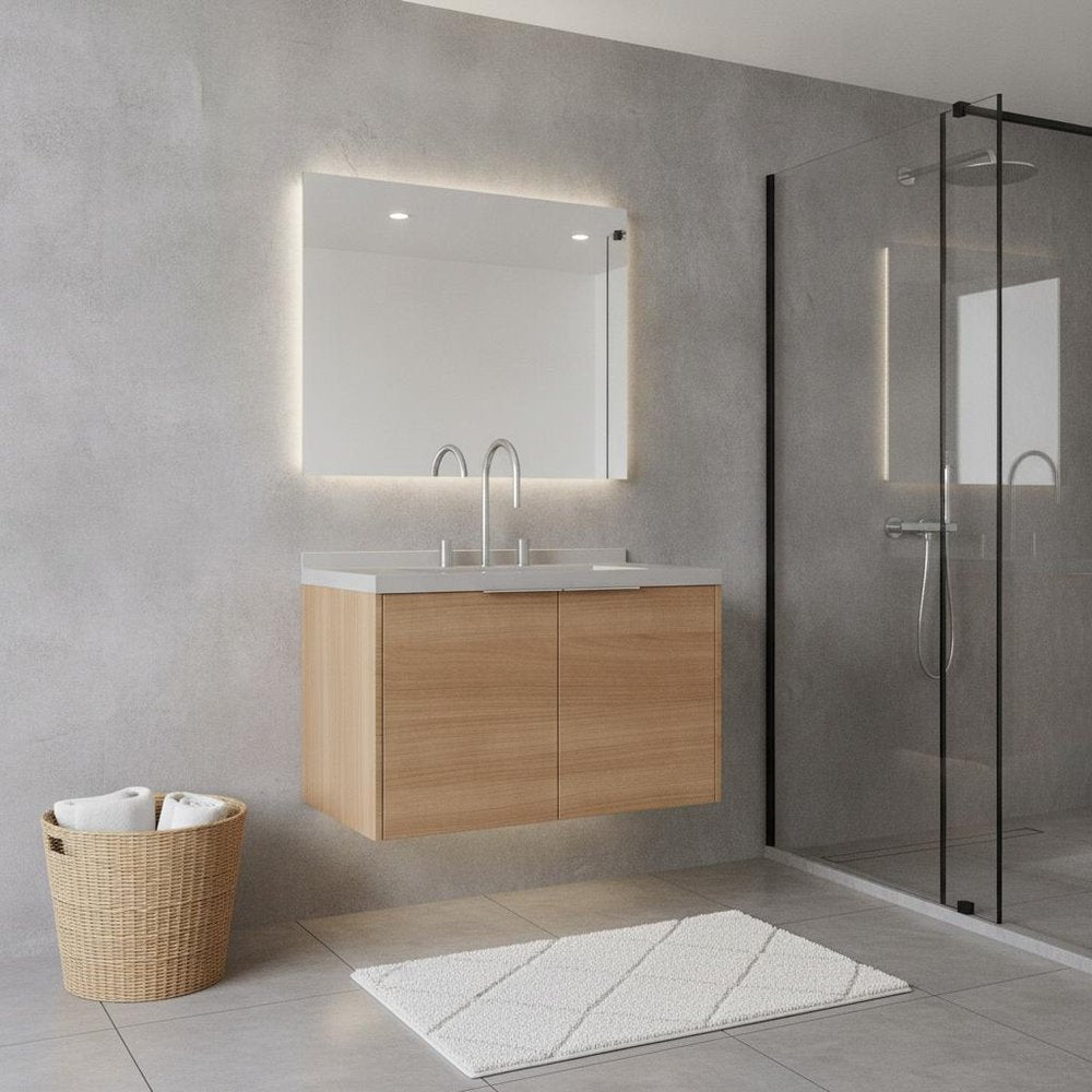 30" Brown Wood Floating Double Door Bathroom Vanity With White Ceramic Sink — view 1