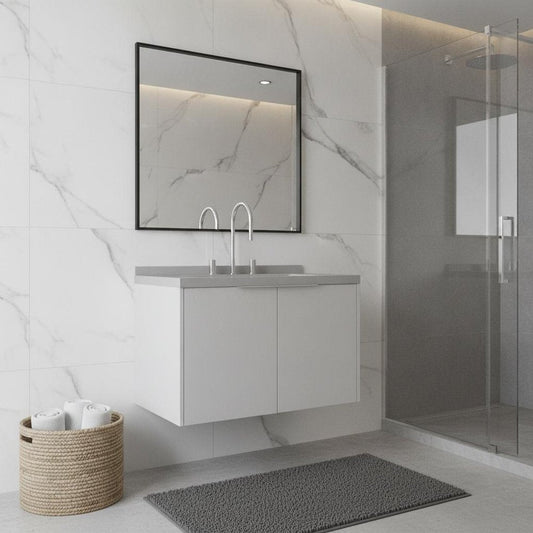30" White Wood Floating Double Door Bathroom Vanity With Ceramic Sink