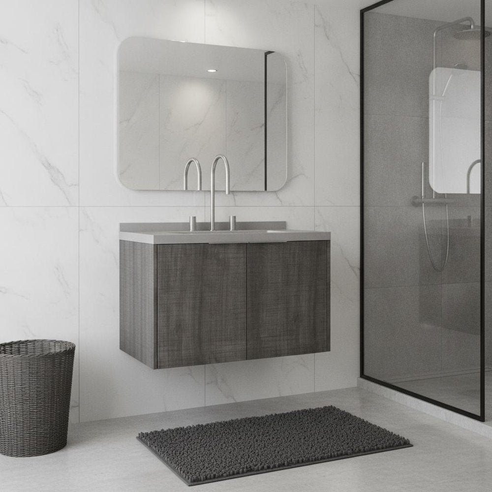 30" Gray Wood Floating Double Door Bathroom Vanity With White Ceramic Sink — view 1