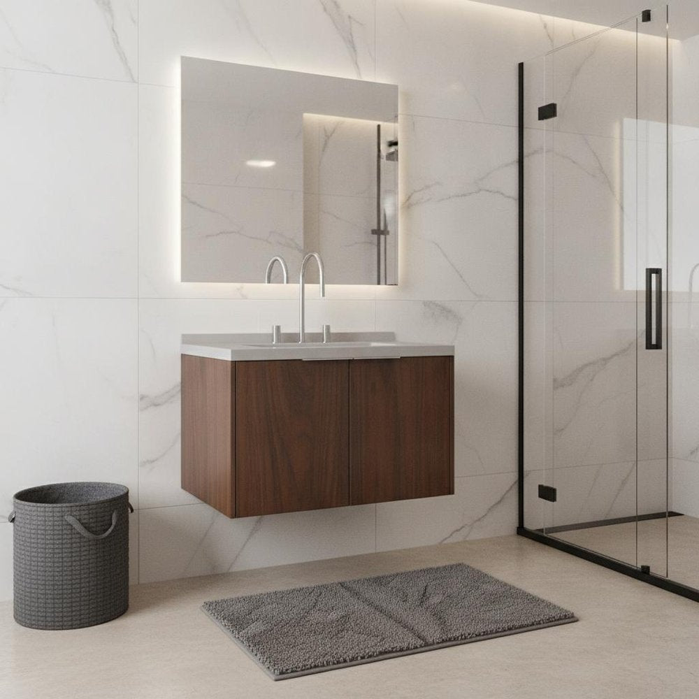 30" Brown Wood Floating Double Door Bathroom Vanity With White Ceramic Sink HomeRoots