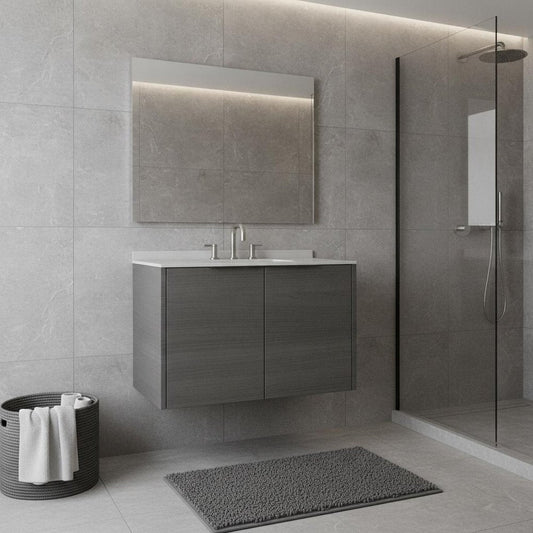 36" Gray Wood Floating Double Door Bathroom Vanity With White Ceramic Sink