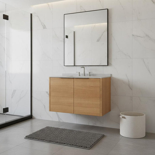 36" Brown Wood Floating Double Door Bathroom Vanity With White Ceramic Sink