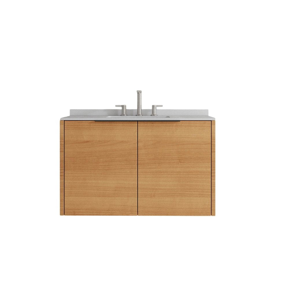36" Brown Wood Floating Double Door Bathroom Vanity With White Ceramic Sink HomeRoots