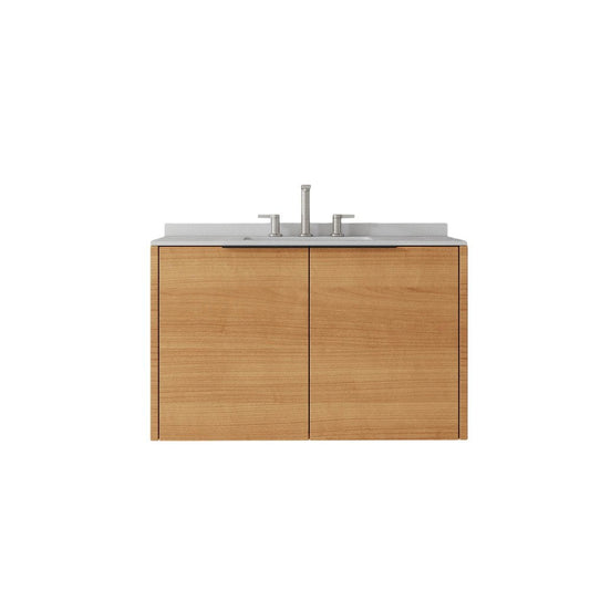 36" Brown Wood Floating Double Door Bathroom Vanity With White Ceramic Sink