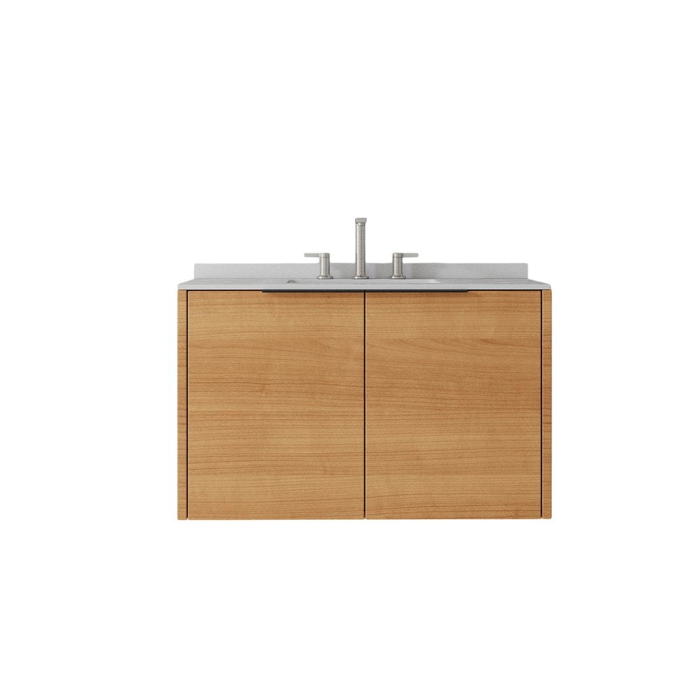 36" Brown Wood Floating Double Door Bathroom Vanity With White Ceramic Sink — view 1