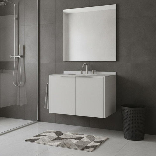 36" White Wood Floating Double Door Bathroom Vanity With Ceramic Sink