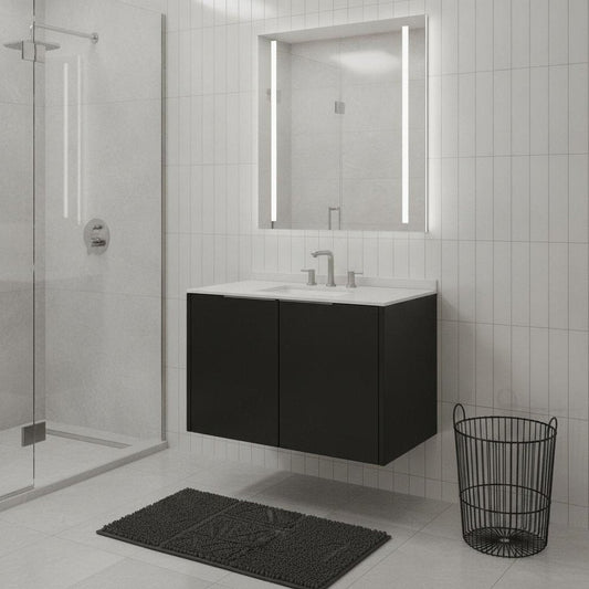 36" Black Wood Floating Double Door Bathroom Vanity With White Ceramic Sink