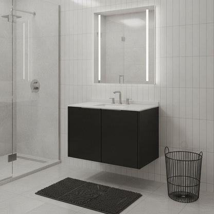 36" Black Wood Floating Double Door Bathroom Vanity With White Ceramic Sink