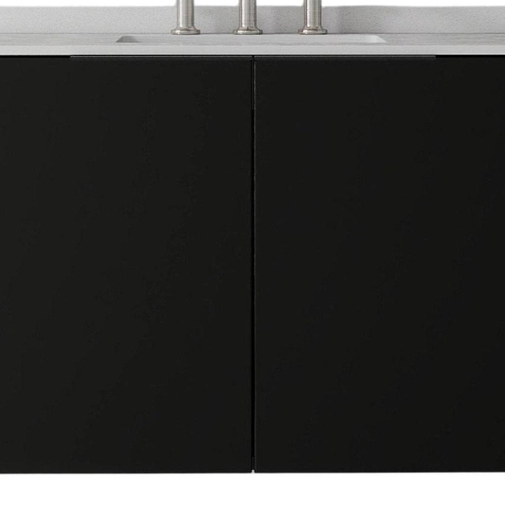 36" Black Wood Floating Double Door Bathroom Vanity With White Ceramic Sink — view 3