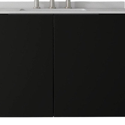 36" Black Wood Floating Double Door Bathroom Vanity With White Ceramic Sink HomeRoots