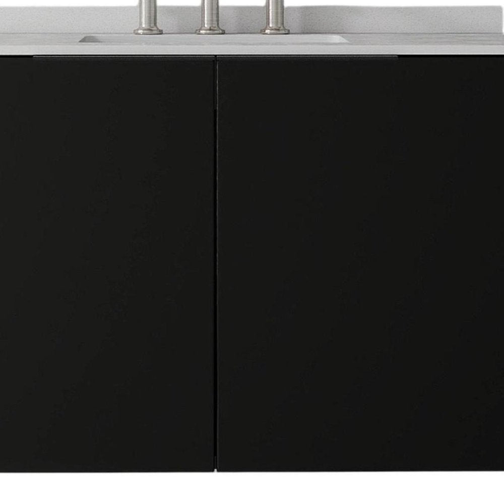 36" Black Wood Floating Double Door Bathroom Vanity With White Ceramic Sink — view 4