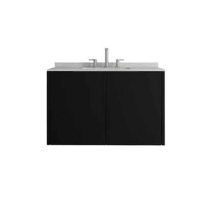 36" Black Wood Floating Double Door Bathroom Vanity With White Ceramic Sink HomeRoots