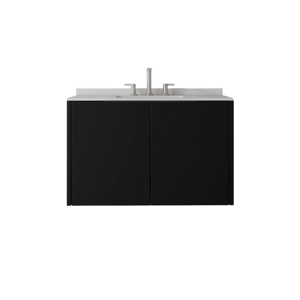 36" Black Wood Floating Double Door Bathroom Vanity With White Ceramic Sink — view 1