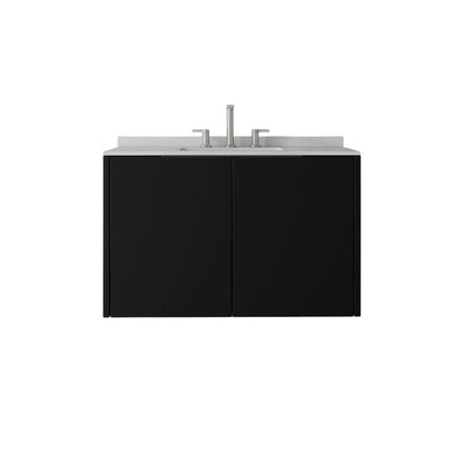 36" Black Wood Floating Double Door Bathroom Vanity With White Ceramic Sink