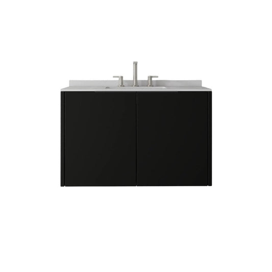 36" Black Wood Floating Double Door Bathroom Vanity With White Ceramic Sink