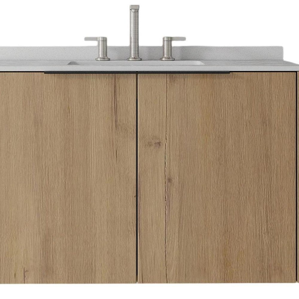 36" Brown Wood Floating Double Door Bathroom Vanity With White Ceramic Sink — view 3