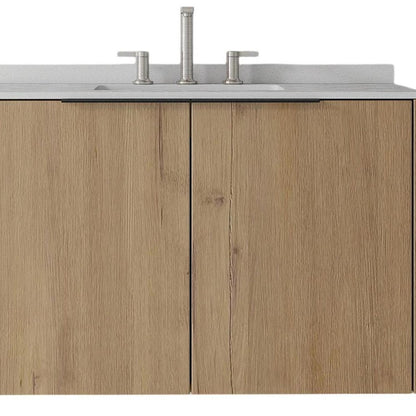 36" Brown Wood Floating Double Door Bathroom Vanity With White Ceramic Sink HomeRoots