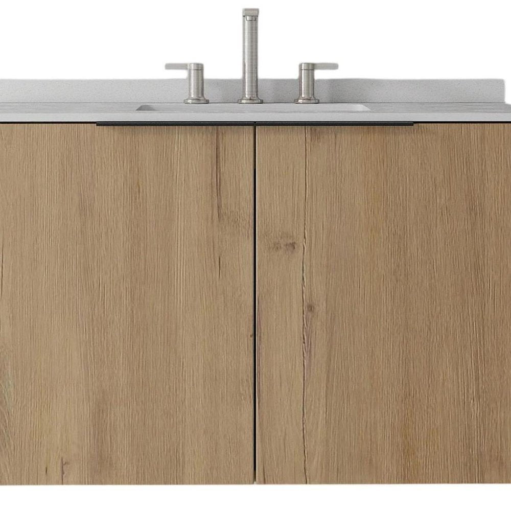 36" Brown Wood Floating Double Door Bathroom Vanity With White Ceramic Sink — view 4