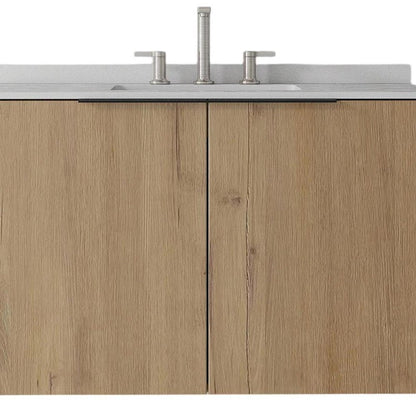 36" Brown Wood Floating Double Door Bathroom Vanity With White Ceramic Sink HomeRoots