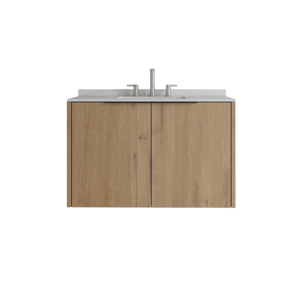 36" Brown Wood Floating Double Door Bathroom Vanity With White Ceramic Sink HomeRoots