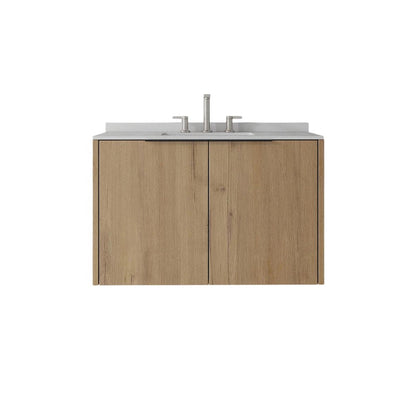 36" Brown Wood Floating Double Door Bathroom Vanity With White Ceramic Sink HomeRoots