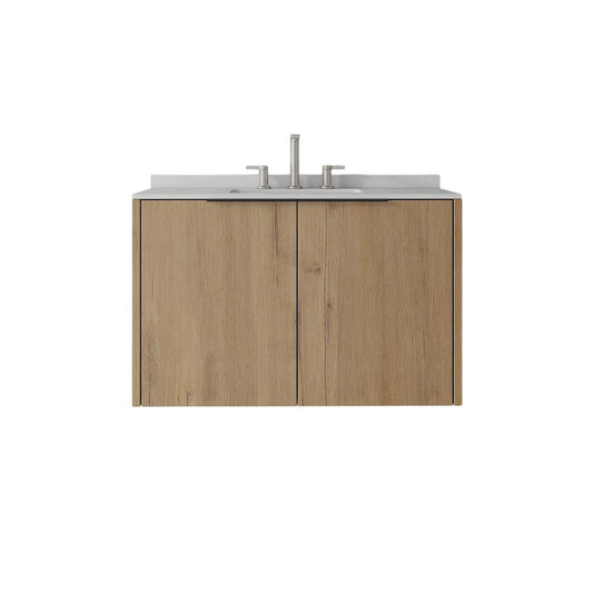 36" Brown Wood Floating Double Door Bathroom Vanity With White Ceramic Sink