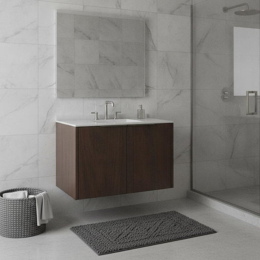 36" Brown Wood Floating Double Door Bathroom Vanity With White Ceramic Sink
