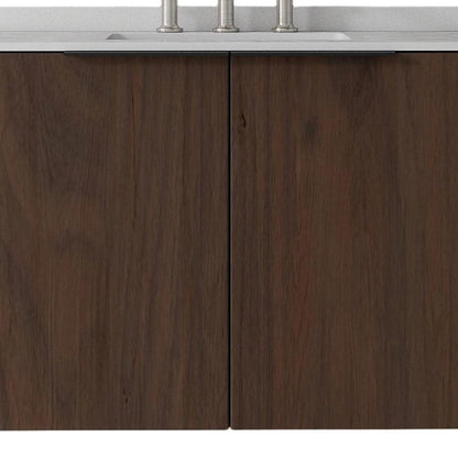36" Brown Wood Floating Double Door Bathroom Vanity With White Ceramic Sink