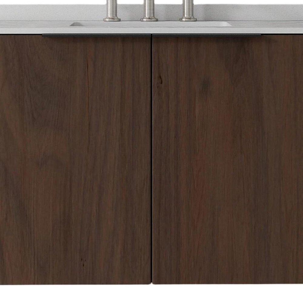 36" Brown Wood Floating Double Door Bathroom Vanity With White Ceramic Sink HomeRoots